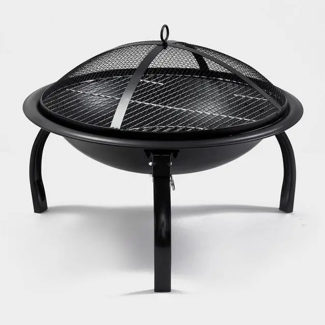 Fire Pit BBQ - black metal barbeque, fire pit bowl with grill for camping cooking food, mesh dome shaped lid and fold away legs.